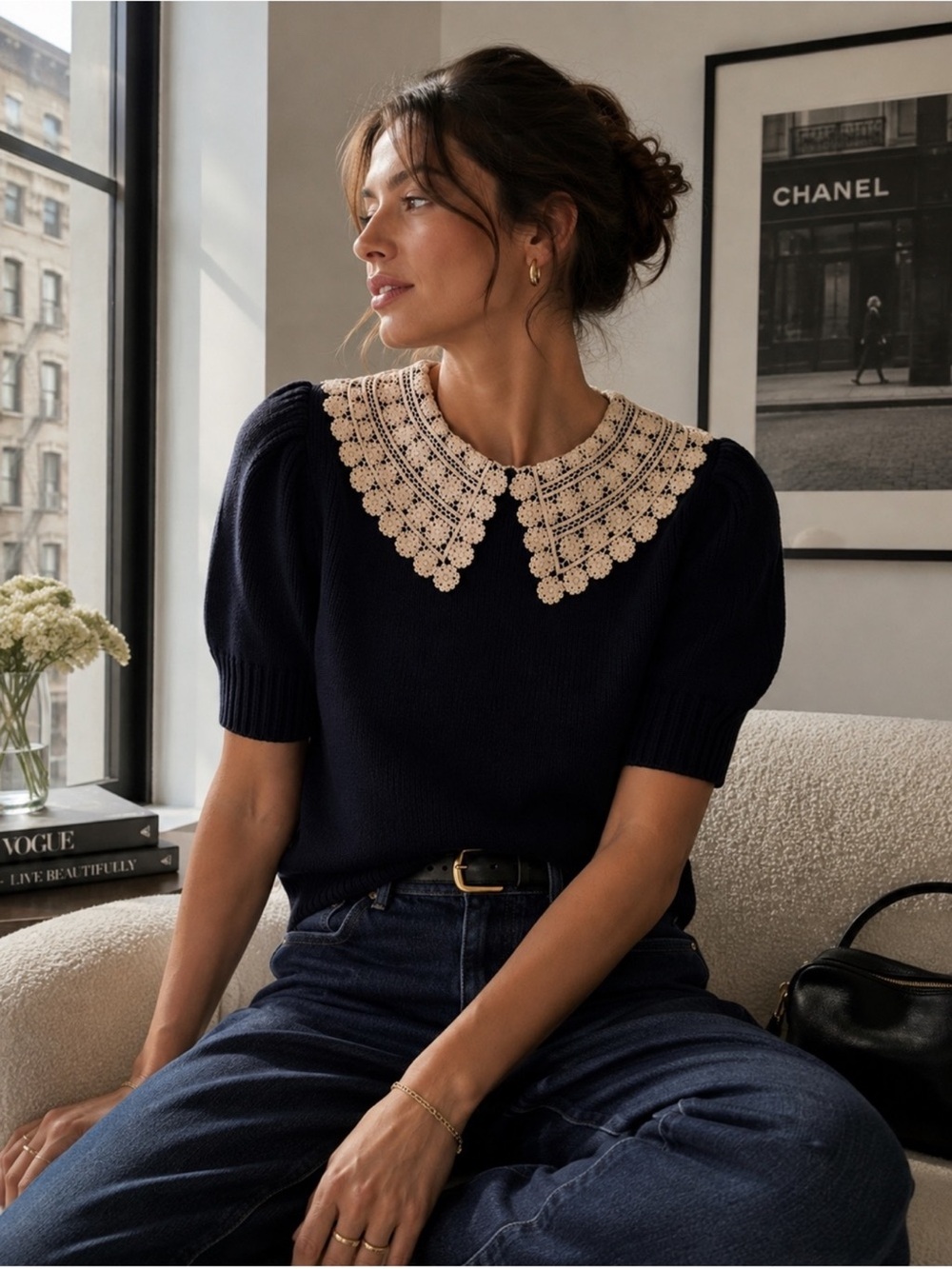 Caroline Constas Navy Knit Crochet Lace Collar Sweater M NWT